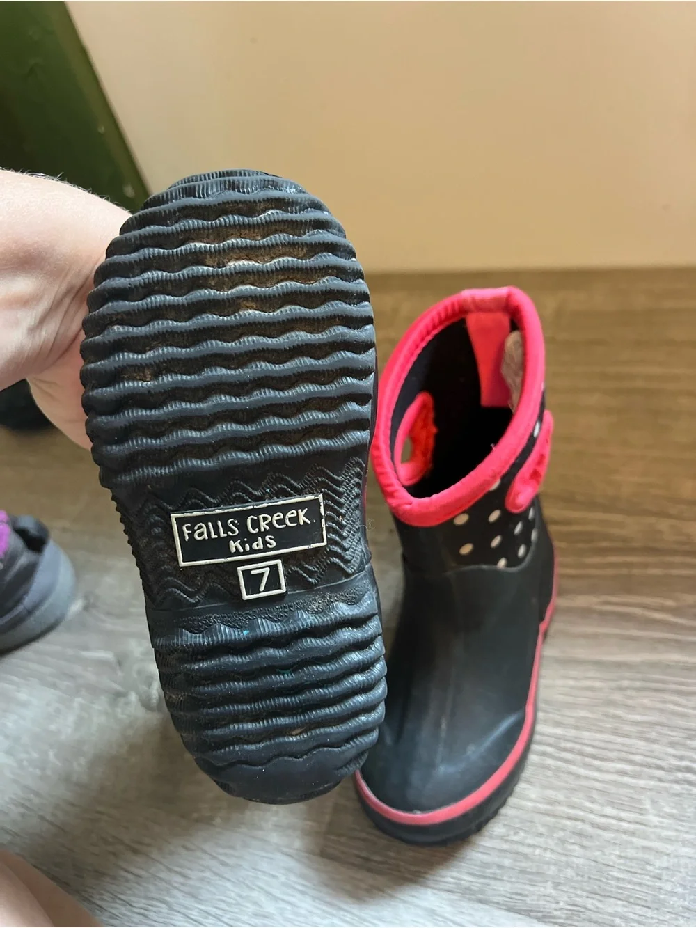 Falls Creek Black and Pink Polka Dot Kids Rain Boots